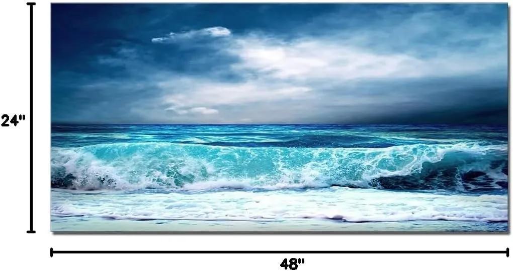 QBQT Sea Beach Wave Landscape Large Canvas Painting for Home Office Living Room Wall Art Panoramic Seascape Blue Ocean Farmhouse Wall Decor Frame 24x48inch