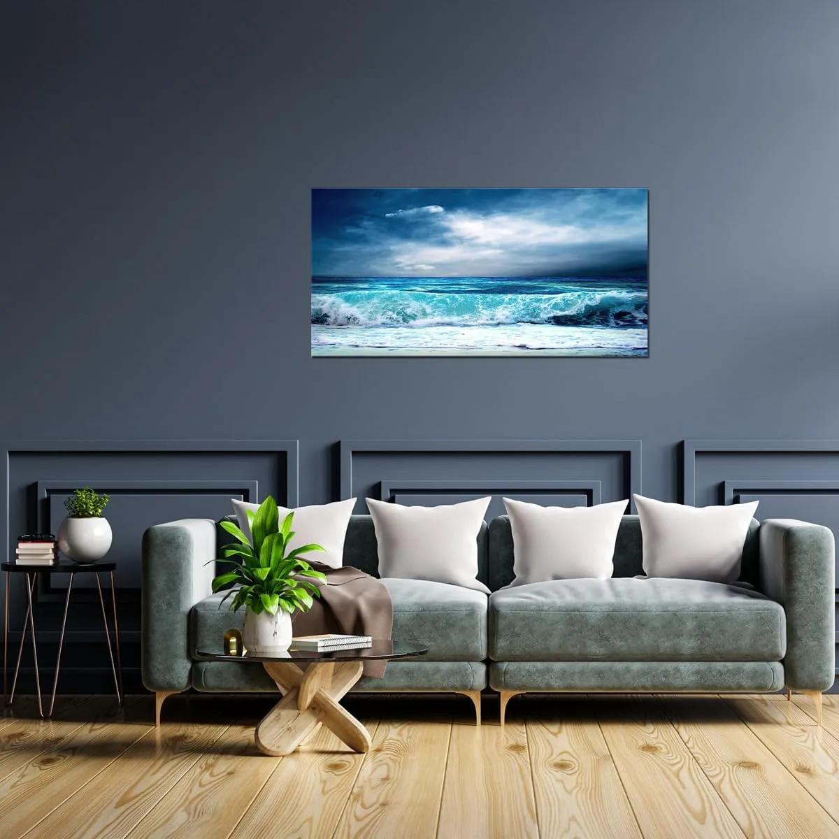 QBQT Sea Beach Wave Landscape Large Canvas Painting for Home Office Living Room Wall Art Panoramic Seascape Blue Ocean Farmhouse Wall Decor Frame 24x48inch