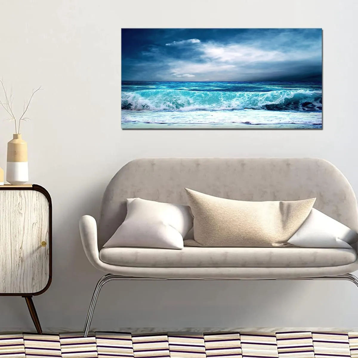 QBQT Sea Beach Wave Landscape Large Canvas Painting for Home Office Living Room Wall Art Panoramic Seascape Blue Ocean Farmhouse Wall Decor Frame 24x48inch