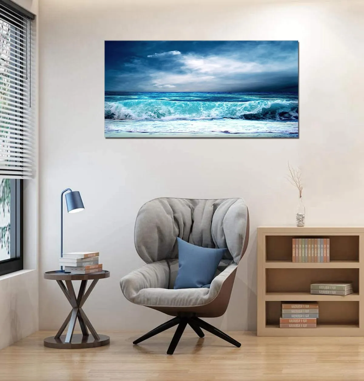 QBQT Sea Beach Wave Landscape Large Canvas Painting for Home Office Living Room Wall Art Panoramic Seascape Blue Ocean Farmhouse Wall Decor Frame 24x48inch