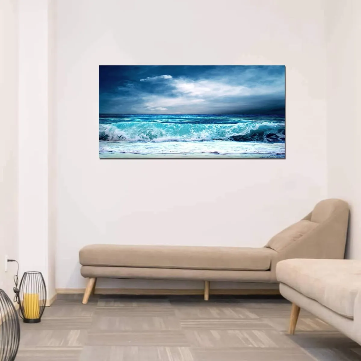 QBQT Sea Beach Wave Landscape Large Canvas Painting for Home Office Living Room Wall Art Panoramic Seascape Blue Ocean Farmhouse Wall Decor Frame 24x48inch