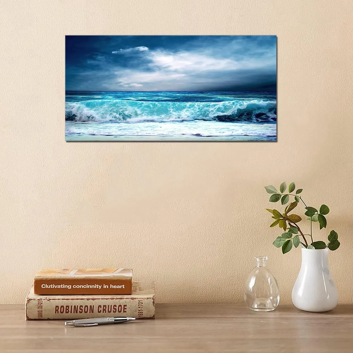 QBQT Sea Beach Wave Landscape Large Canvas Painting for Home Office Living Room Wall Art Panoramic Seascape Blue Ocean Farmhouse Wall Decor Frame 24x48inch