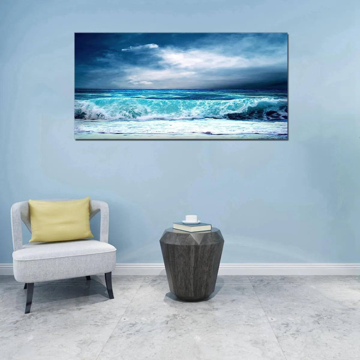 QBQT Sea Beach Wave Landscape Large Canvas Painting for Home Office Living Room Wall Art Panoramic Seascape Blue Ocean Farmhouse Wall Decor Frame 24x48inch