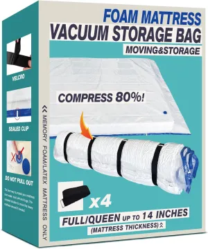 Queen Size Mattress Vacuum Bag for Memory Foam/Latex Mattress Upto 14 Inch, Moving Shipping and Storage, Waterproof and Airtight with 4 Adjustable Straps