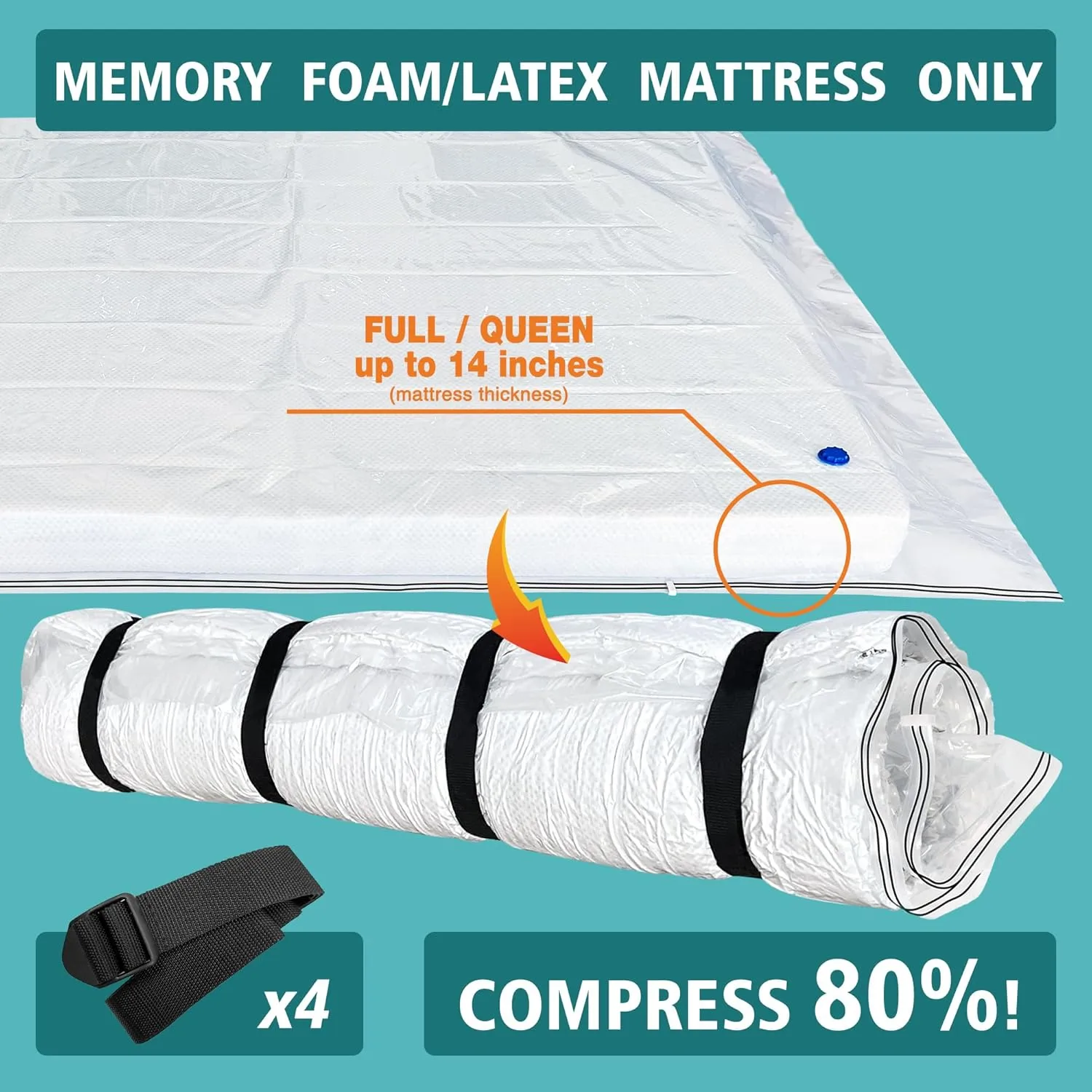 Queen/Full Mattress Vacuum Bag for Moving and Storage, Memory Foam Latex Mattress Storage Bags Full Queen Size for Mattress up to 14 Inches