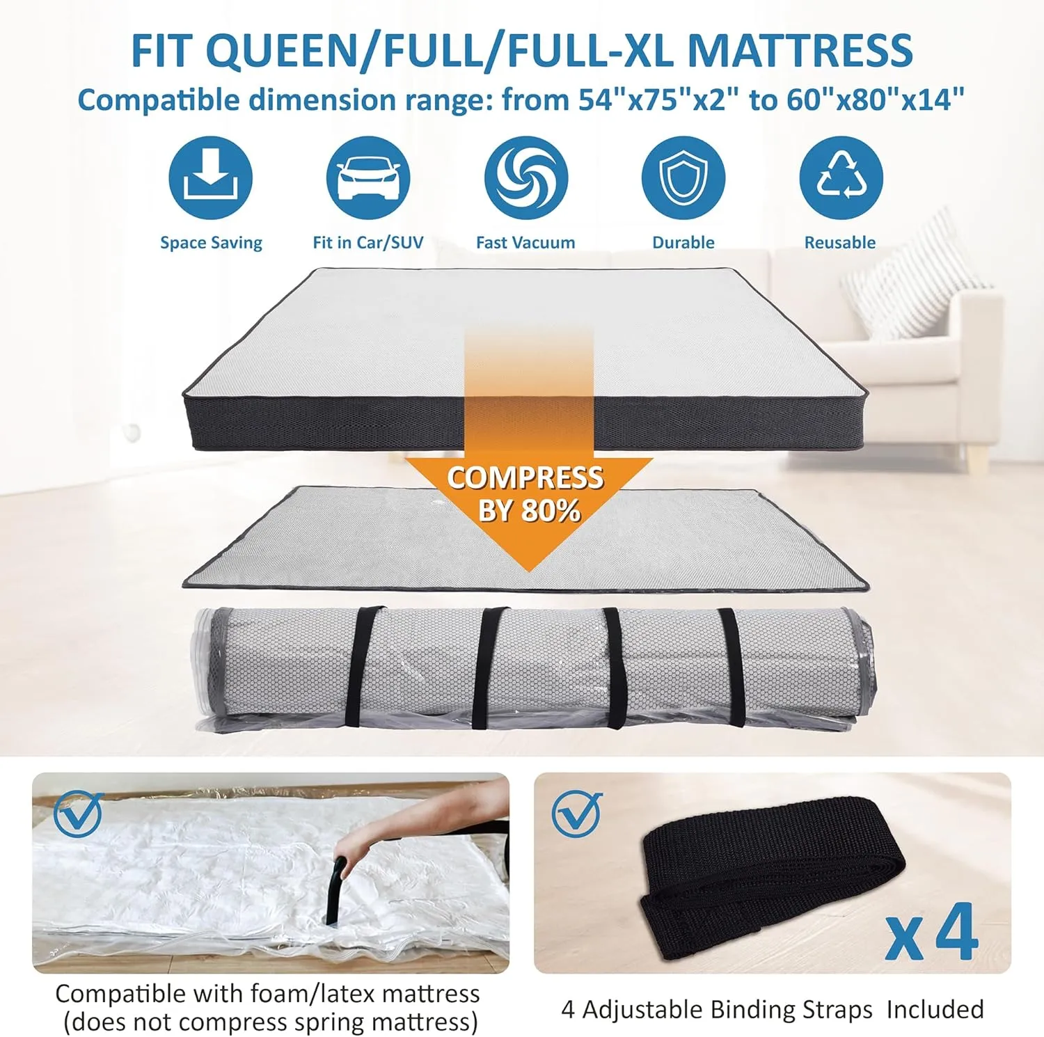 Queen/Full/Full-XL Foam Mattress Vacuum Bag for Moving, Vacuum Seal Mattress Bag with Straps