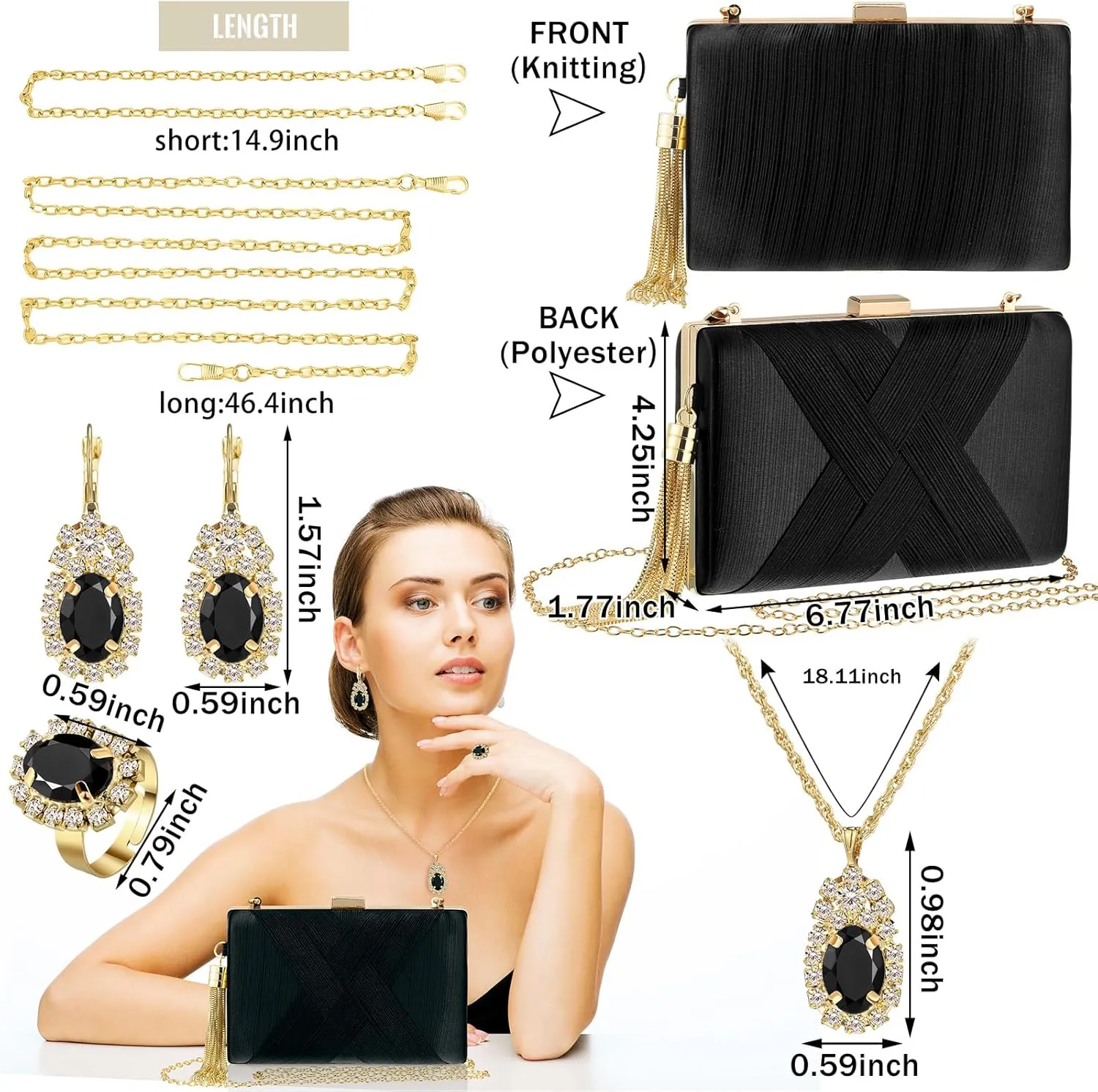 Quelay 4 Pcs Women Satin Clutch Purse Handbag Evening Bag for Wedding Banquet Handbag Vintage Necklace Earrings Jewelry Set