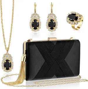 Quelay 4 Pcs Women Satin Clutch Purse Handbag Evening Bag for Wedding Banquet Handbag Vintage Necklace Earrings Jewelry Set