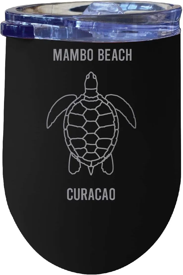 R and R Imports Mambo Beach Curaçao Souvenir 12 oz Black Laser Etched Insulated Wine Stainless Steel Turtle Design