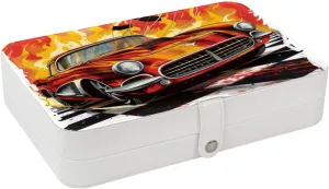 Race Car with Finish Line Flags Pilot and Flames Travel Jewelry Box, Portable Travel Display Case Storage Holder Boxes for Stud Earrings, Rings, Necklaces, Bracelets