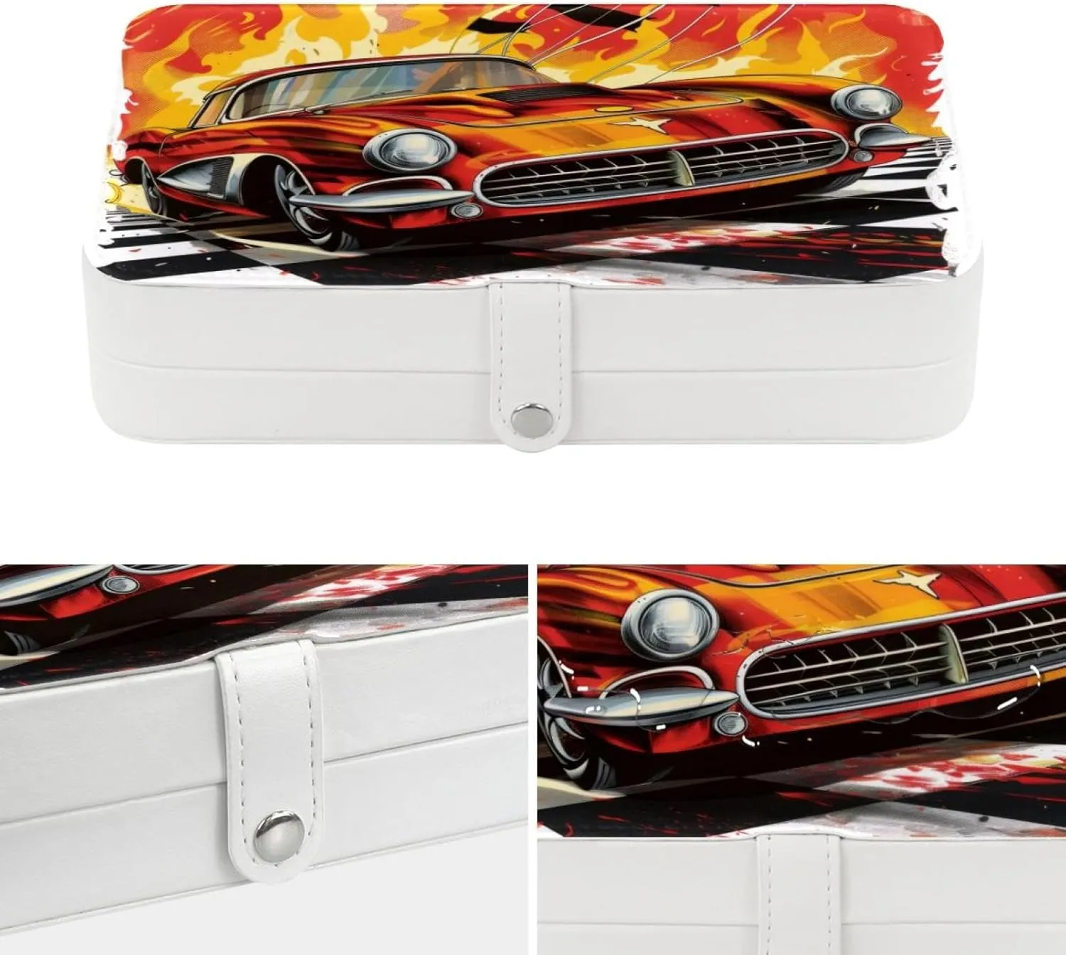 Race Car with Finish Line Flags Pilot and Flames Travel Jewelry Box, Portable Travel Display Case Storage Holder Boxes for Stud Earrings, Rings, Necklaces, Bracelets