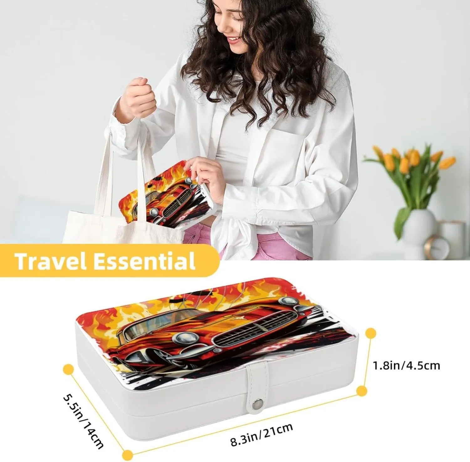 Race Car with Finish Line Flags Pilot and Flames Travel Jewelry Box, Portable Travel Display Case Storage Holder Boxes for Stud Earrings, Rings, Necklaces, Bracelets