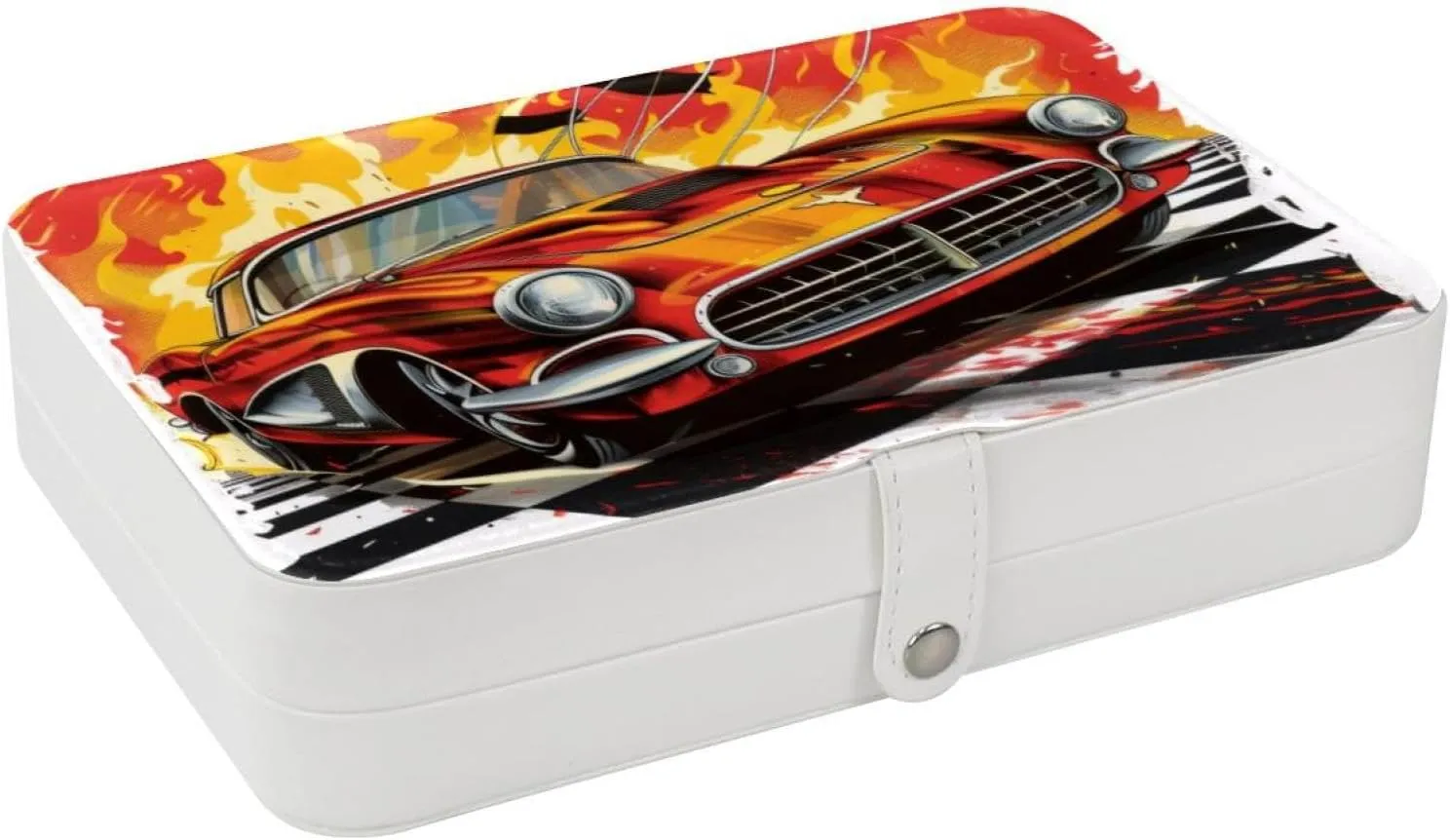 Race Car with Finish Line Flags Pilot and Flames Travel Jewelry Box, Portable Travel Display Case Storage Holder Boxes for Stud Earrings, Rings, Necklaces, Bracelets