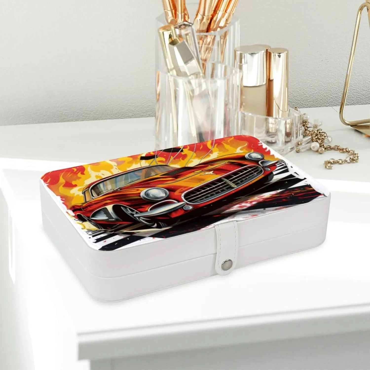 Race Car with Finish Line Flags Pilot and Flames Travel Jewelry Box, Portable Travel Display Case Storage Holder Boxes for Stud Earrings, Rings, Necklaces, Bracelets