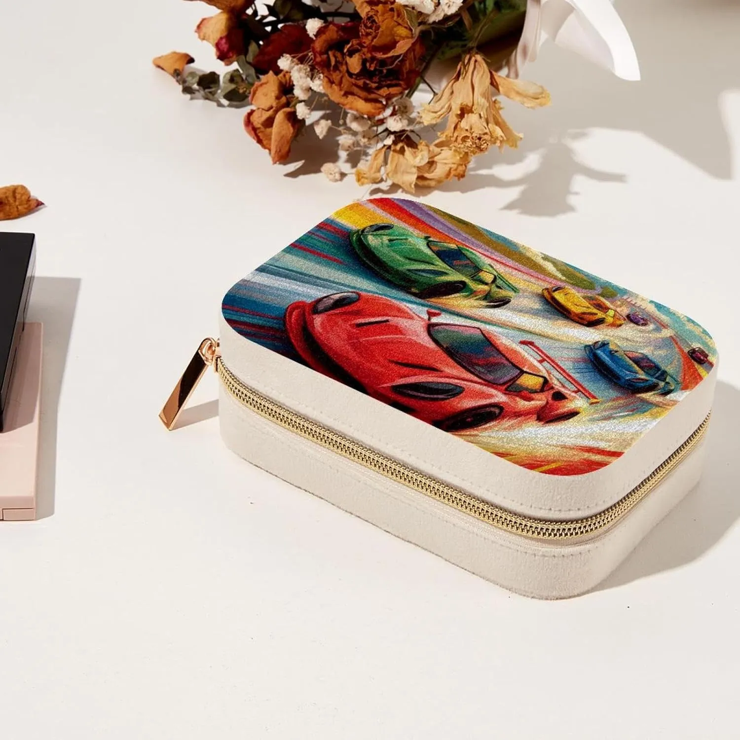 Race Cars with Colorful Racing Track Pattern Travel Jewelry Box, Portable Travel Display Case Storage Holder Boxes for Stud Earrings, Rings, Necklaces, Bracelets