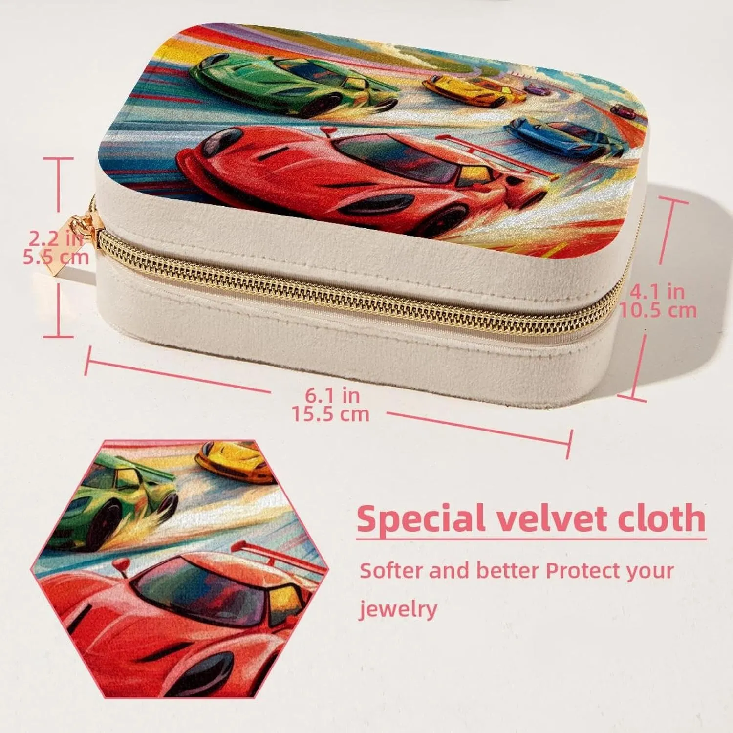 Race Cars with Colorful Racing Track Pattern Travel Jewelry Box, Portable Travel Display Case Storage Holder Boxes for Stud Earrings, Rings, Necklaces, Bracelets
