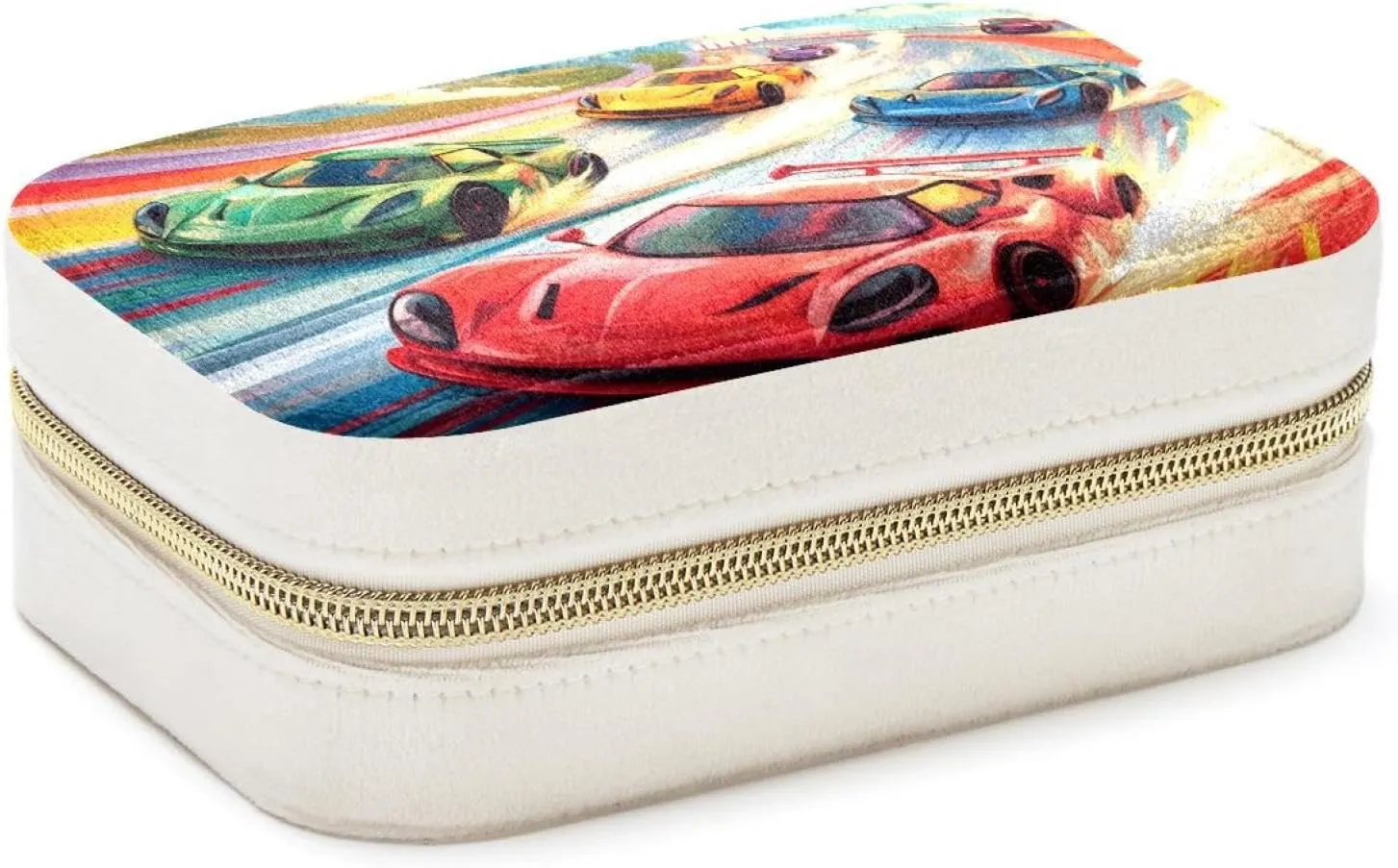 Race Cars with Colorful Racing Track Pattern Travel Jewelry Box, Portable Travel Display Case Storage Holder Boxes for Stud Earrings, Rings, Necklaces, Bracelets