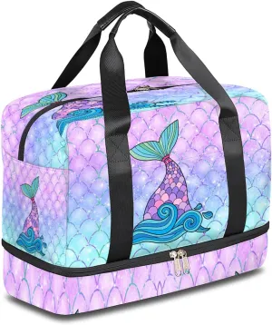 Rainbow Mermaid Scales Sports Gym Bag with Shoes Compartment,Ocean Beach Mermaid Tail Travel Duffel Bag for Men Women Boys Girls Teens Overnight Weekend Yoga Workout Bag Training Handbag