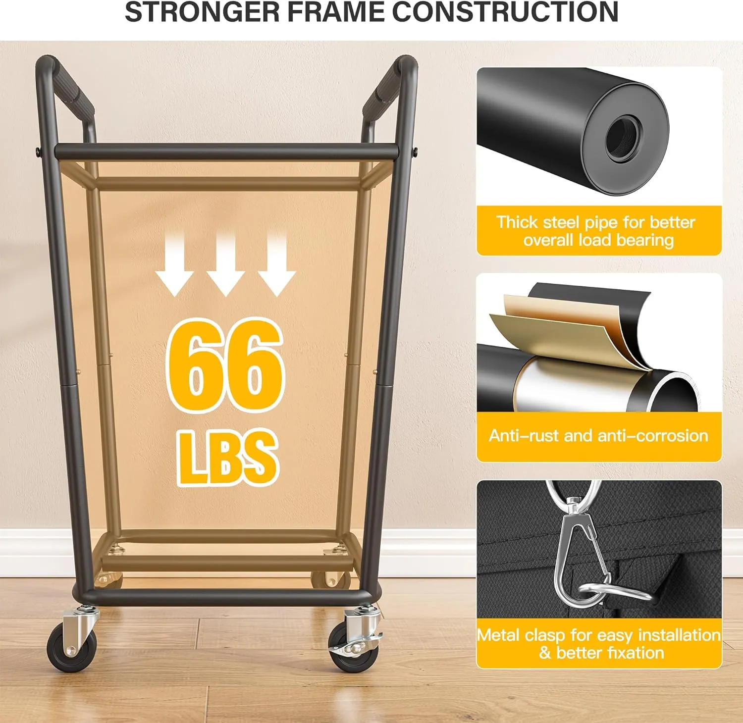 Raybee Laundry Basket with Wheels & Handles, 180L Laundry Cart with Removable Bag & Metal Frame for Clothes Storage, Laundry Room Organization Rolling Hamper with Wheels For Laundry, Dorm (Black)