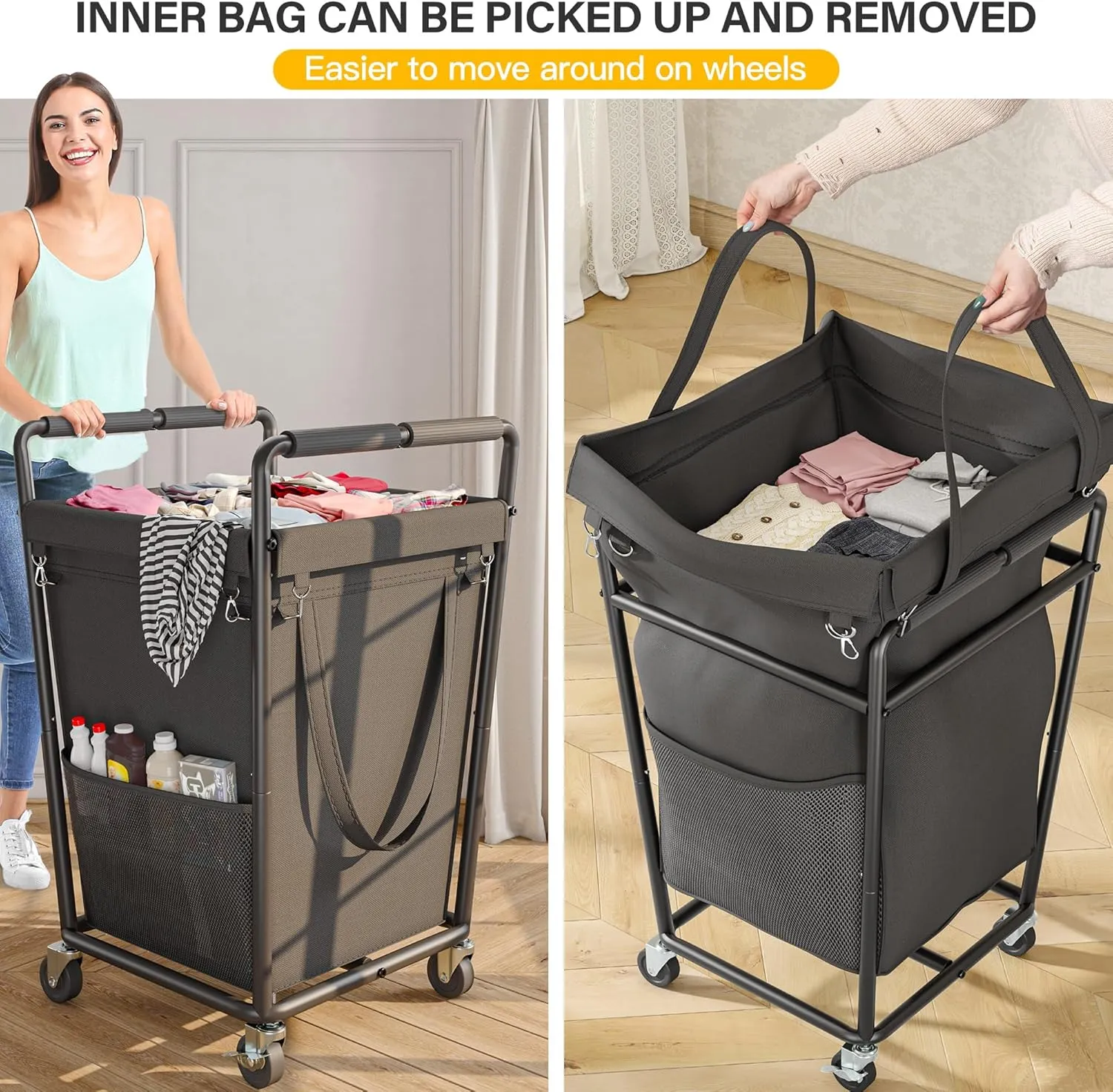 Raybee Laundry Basket with Wheels & Handles, 180L Laundry Cart with Removable Bag & Metal Frame for Clothes Storage, Laundry Room Organization Rolling Hamper with Wheels For Laundry, Dorm (Black)