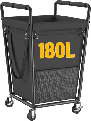 Raybee Laundry Basket with Wheels & Handles, 180L Laundry Cart with Removable Bag & Metal Frame for Clothes Storage, Laundry Room Organization Rolling Hamper with Wheels For Laundry, Dorm (Black)
