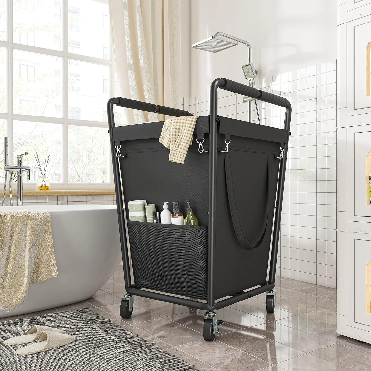 Raybee Laundry Basket with Wheels & Handles, 180L Laundry Cart with Removable Bag & Metal Frame for Clothes Storage, Laundry Room Organization Rolling Hamper with Wheels For Laundry, Dorm (Black)