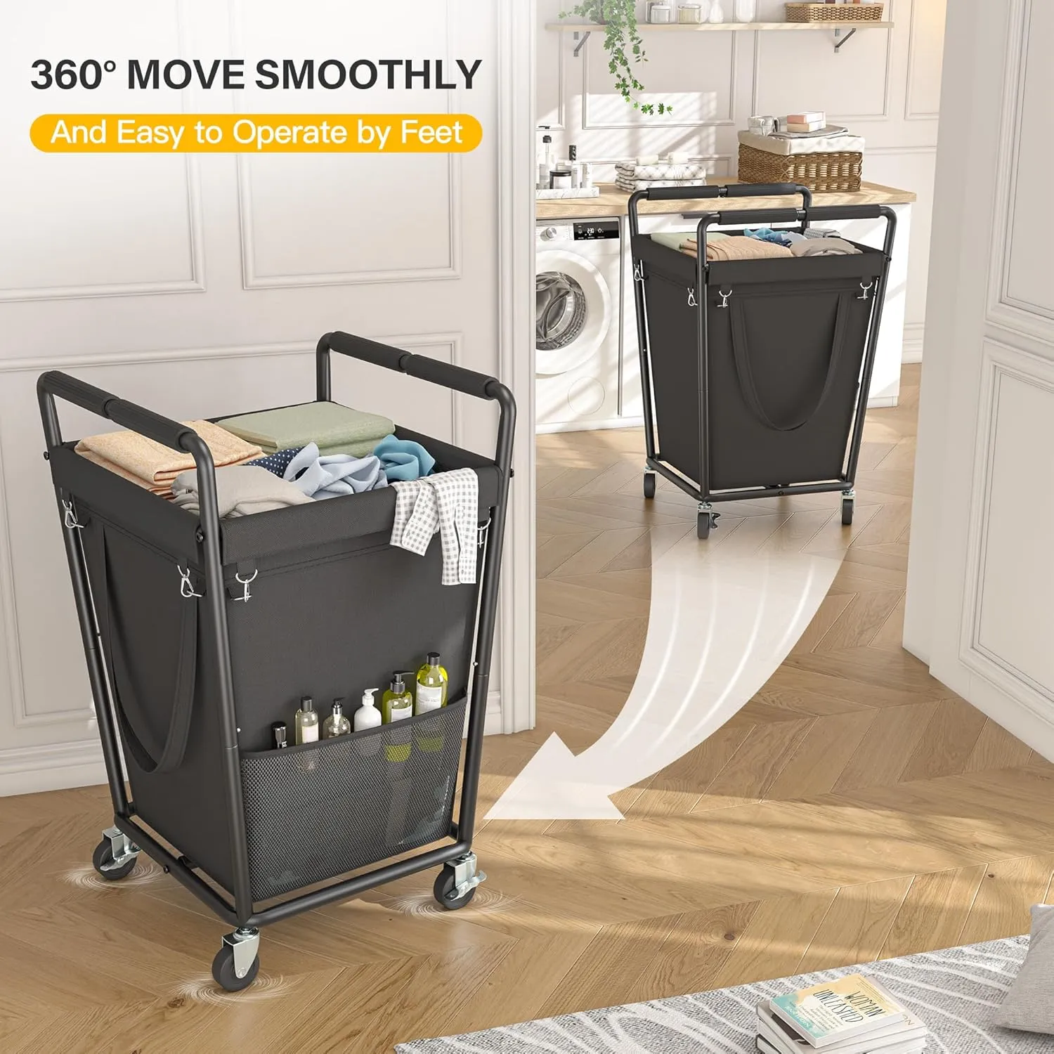 Raybee Laundry Basket with Wheels & Handles, 180L Laundry Cart with Removable Bag & Metal Frame for Clothes Storage, Laundry Room Organization Rolling Hamper with Wheels For Laundry, Dorm (Black)