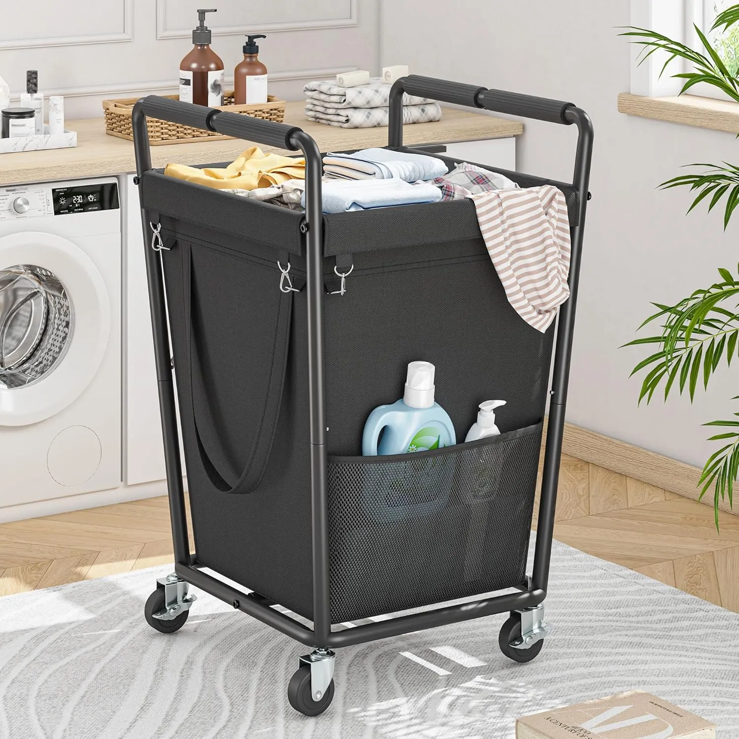 Raybee Laundry Basket with Wheels & Handles, 180L Laundry Cart with Removable Bag & Metal Frame for Clothes Storage, Laundry Room Organization Rolling Hamper with Wheels For Laundry, Dorm (Black)