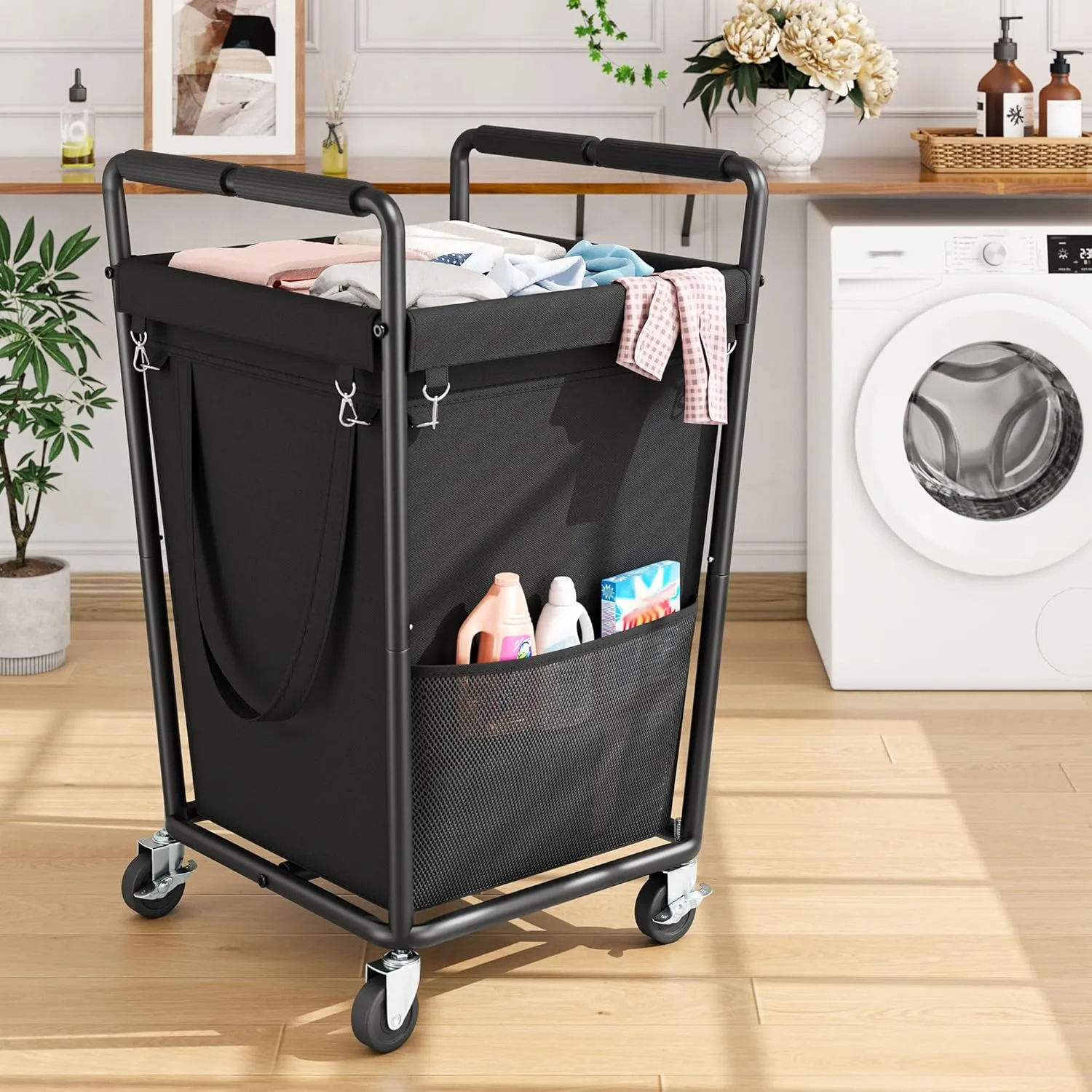Raybee Laundry Basket with Wheels & Handles, 180L Laundry Cart with Removable Bag & Metal Frame for Clothes Storage, Laundry Room Organization Rolling Hamper with Wheels For Laundry, Dorm (Black)