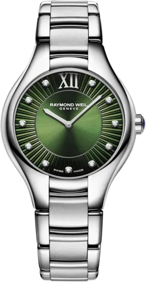 RAYMOND WEIL Noemia Women's Quartz Watch, Green Dial, Roman Numerals with Diamonds, Stainless Steel, 32 mm (Model: 5132-ST-52181)