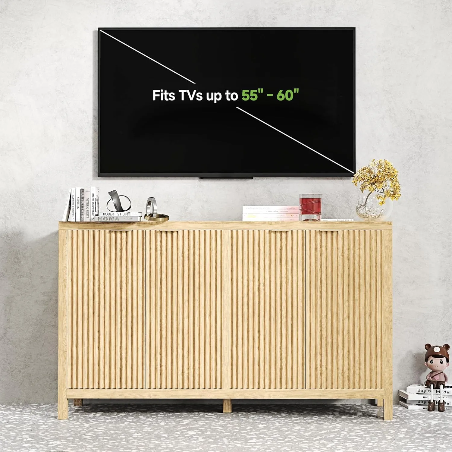 Real Relax Fluted Buffet Cabinet with Storage, Modern Sideboard with 4 Doors, 3 Adjustable Shelves, Large 55'' Kitchen Credenza Coffee Bar Cabinet, Console Cabinets for Living, Dinning Room, Natural
