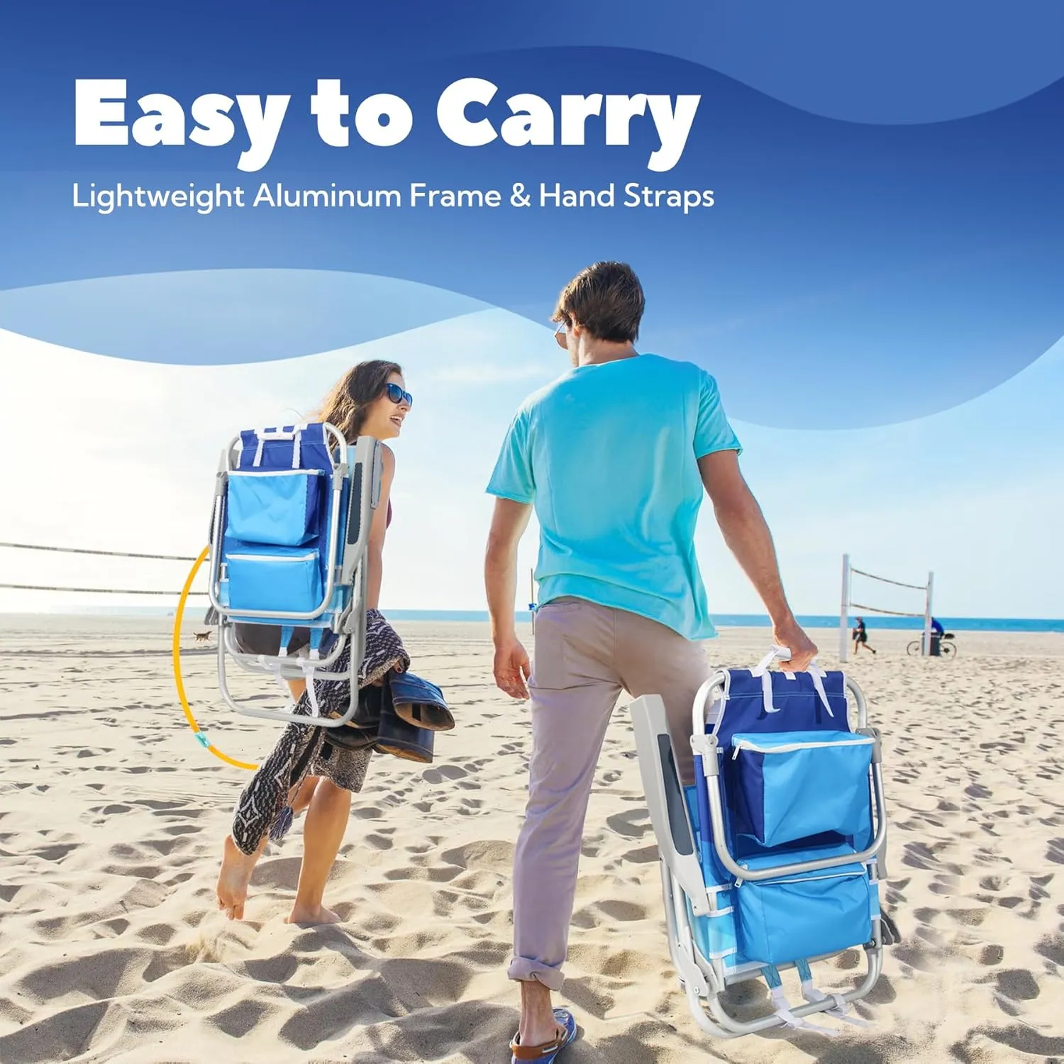 Reclining Tall Beach Chairs for Adults 2 Pack with Backpack Straps, Portable Beach Chair with Cup Holder & Large Cooler Storage Bag Support 300LBS, Wave Blue