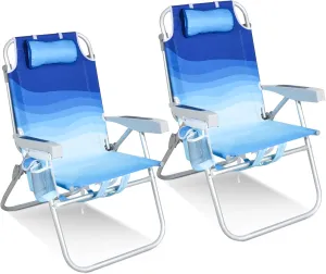 Reclining Tall Beach Chairs for Adults 2 Pack with Backpack Straps, Portable Beach Chair with Cup Holder & Large Cooler Storage Bag Support 300LBS, Wave Blue