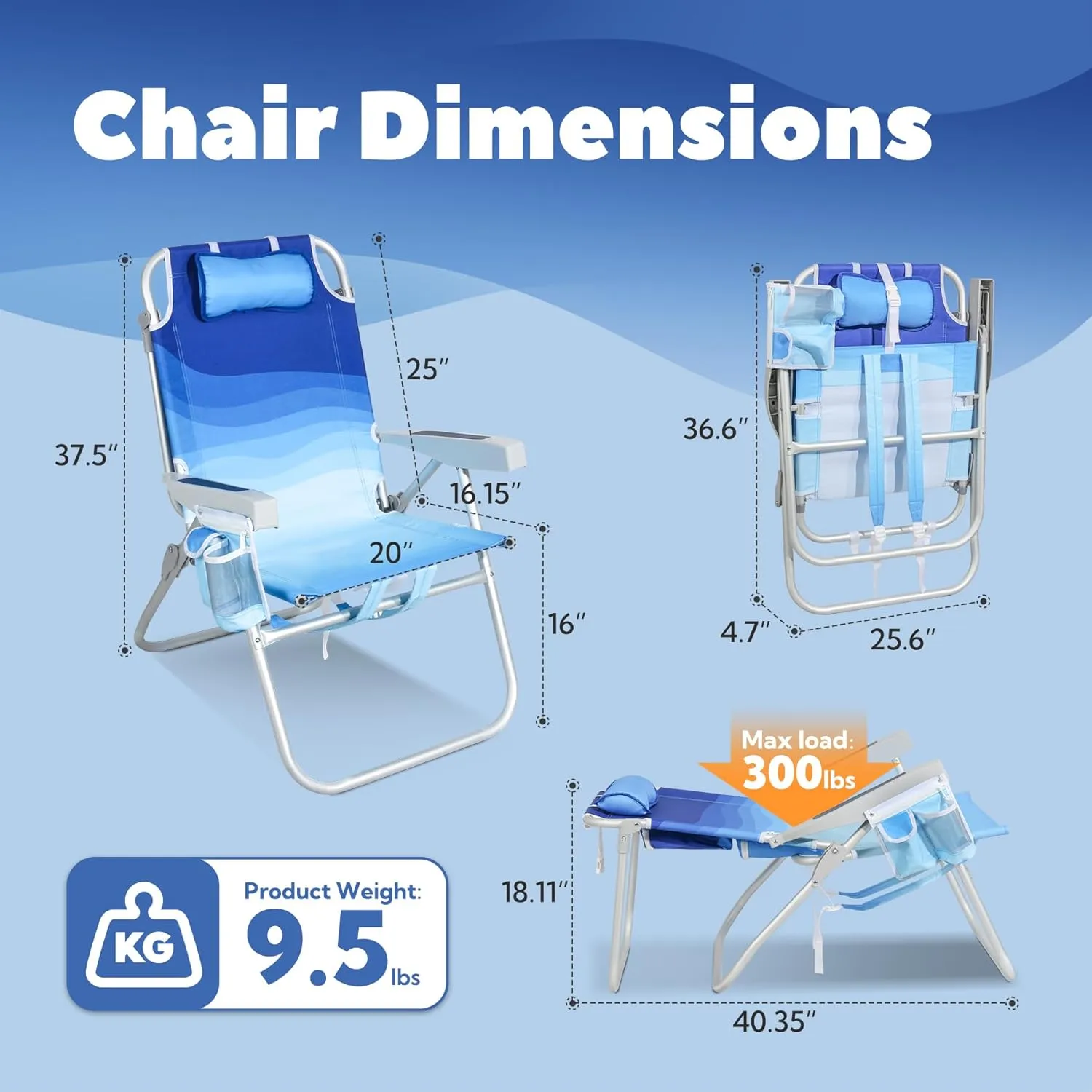 Reclining Tall Beach Chairs for Adults 2 Pack with Backpack Straps, Portable Beach Chair with Cup Holder & Large Cooler Storage Bag Support 300LBS, Wave Blue