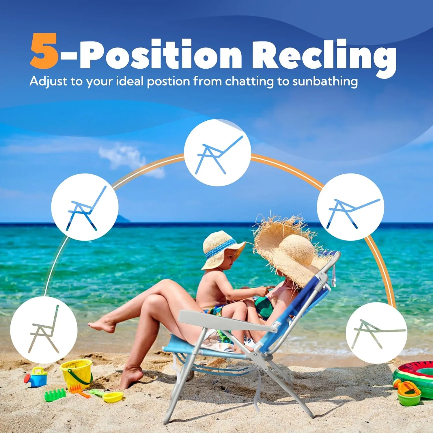 Reclining Tall Beach Chairs for Adults 2 Pack with Backpack Straps, Portable Beach Chair with Cup Holder & Large Cooler Storage Bag Support 300LBS, Wave Blue