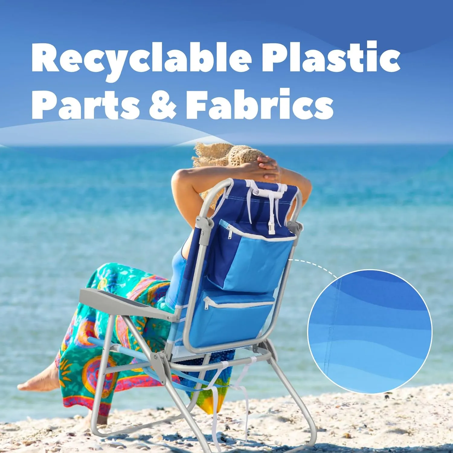Reclining Tall Beach Chairs for Adults 2 Pack with Backpack Straps, Portable Beach Chair with Cup Holder & Large Cooler Storage Bag Support 300LBS, Wave Blue