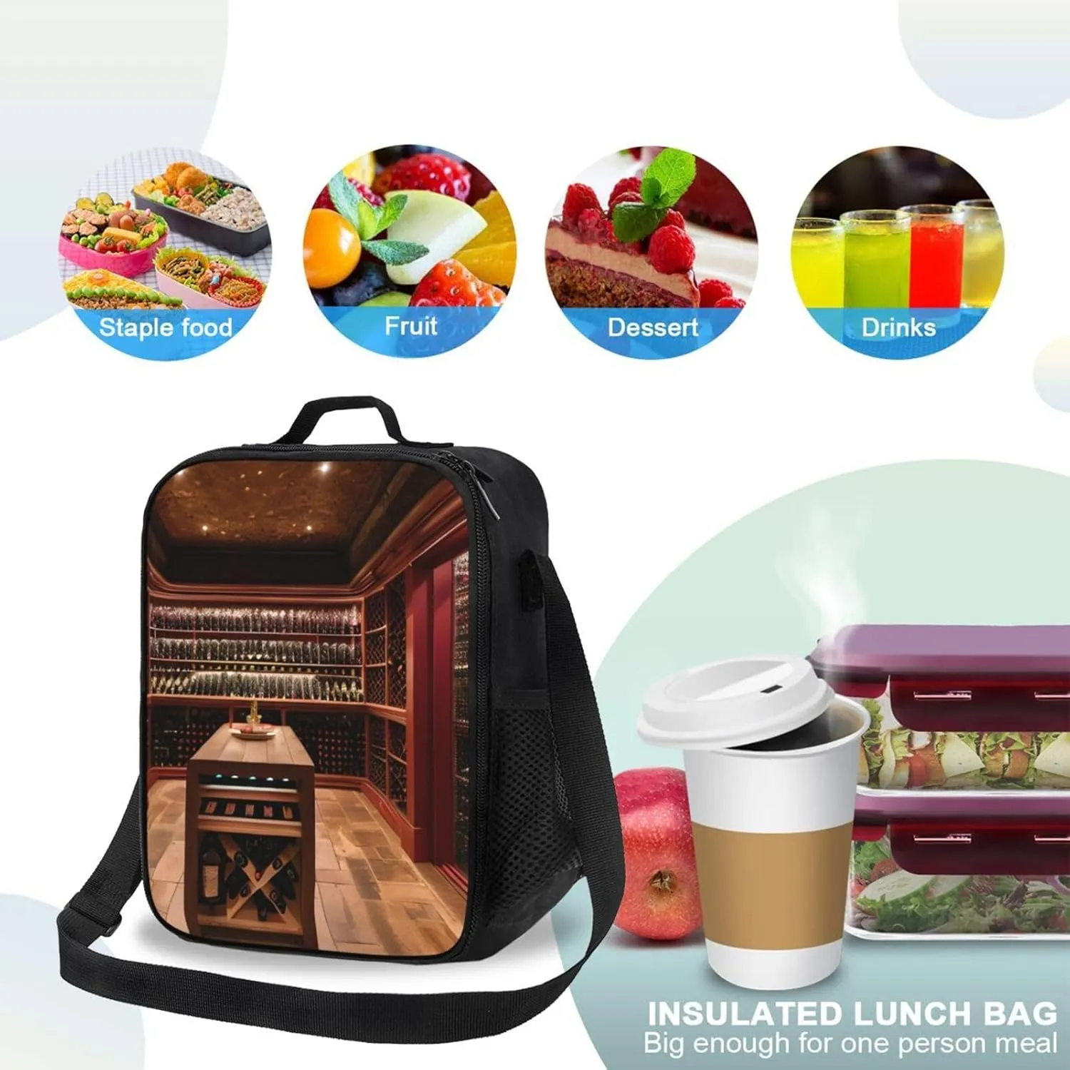 Red Wine Cellar Insulated Lunch Bag,Lunch Tote Cooler Reusable Lunch Pail Outdoors Meal Bag For Women Men