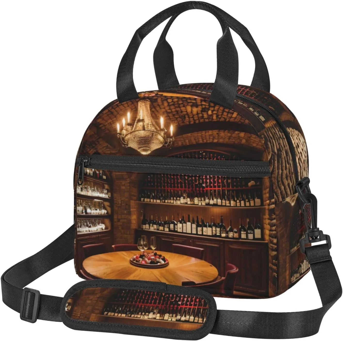 Red Wine Cellar Picture Print Foods Insulated Lunch Bag Cute Tote Box Leakproof Cooler Adjustable Shoulder Strap