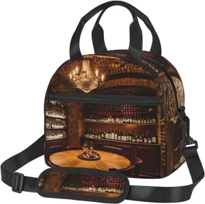 Red Wine Cellar Picture Print Foods Insulated Lunch Bag Cute Tote Box Leakproof Cooler Adjustable Shoulder Strap