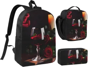 Red Wine Rose and Candle print 3 Piece Backpack Bags with Lunch Box Pencil Case Set for Travel Work Camping Unisex