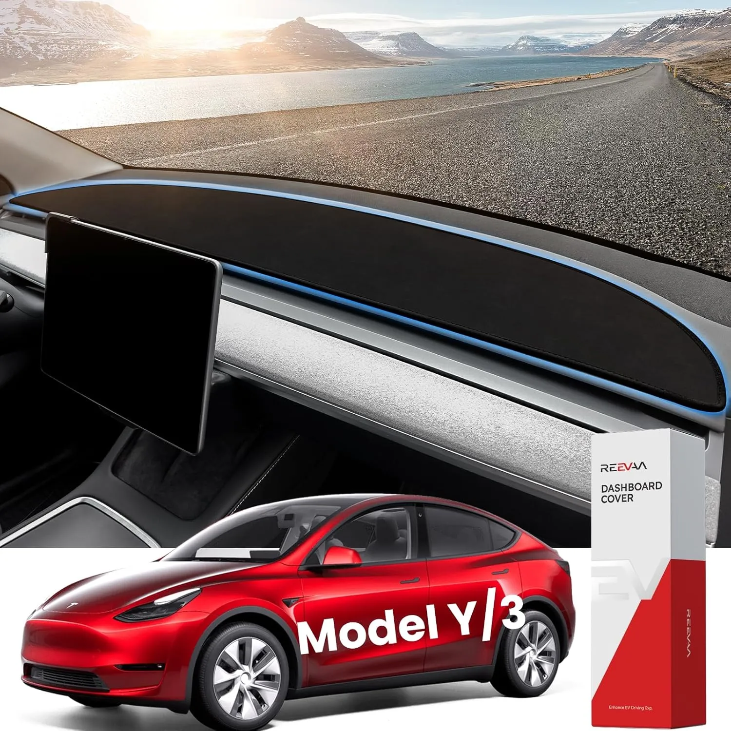 REEVAA 2025 Upgraded Tesla Model Y /3 Dashboard Cover Accessories No-Glare, Full Protection No-Slip Soft Alcantara Dash Cover Mat for Model Y (2025-2020) Model 3 (2023-2017)