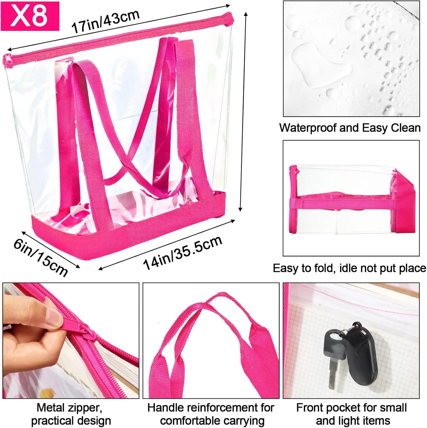 Reginary 8 Pieces Clear Tote Bags Shoulder Handbag Security Approved See Through Bag with Zipper Closure for Travel Work