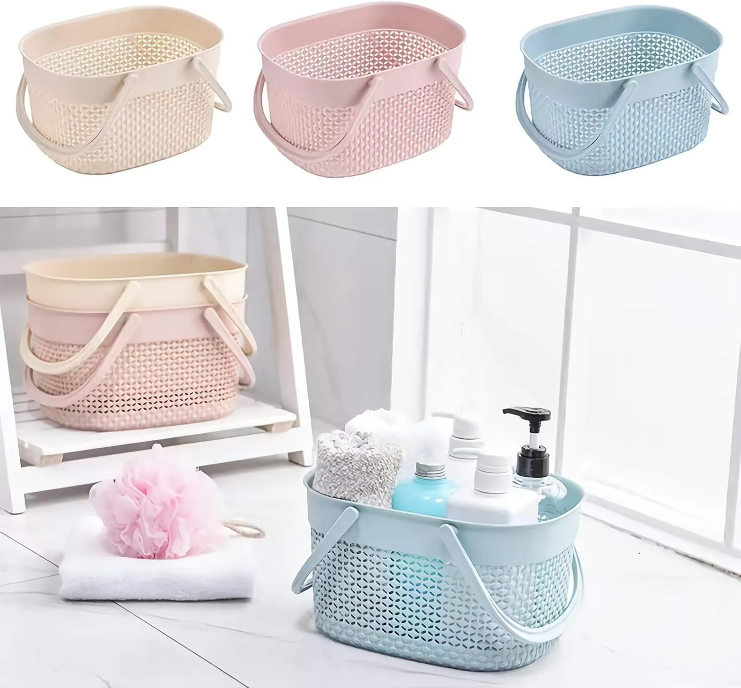 rejomiik 2 Pack Plastic Shower Caddy Basket, Portable Organizer Storage Tote with Handles Toiletry Bag Bin Box for Bathroom, College Dorm Room Essentials, Kitchen, Camp, Gym, Blue