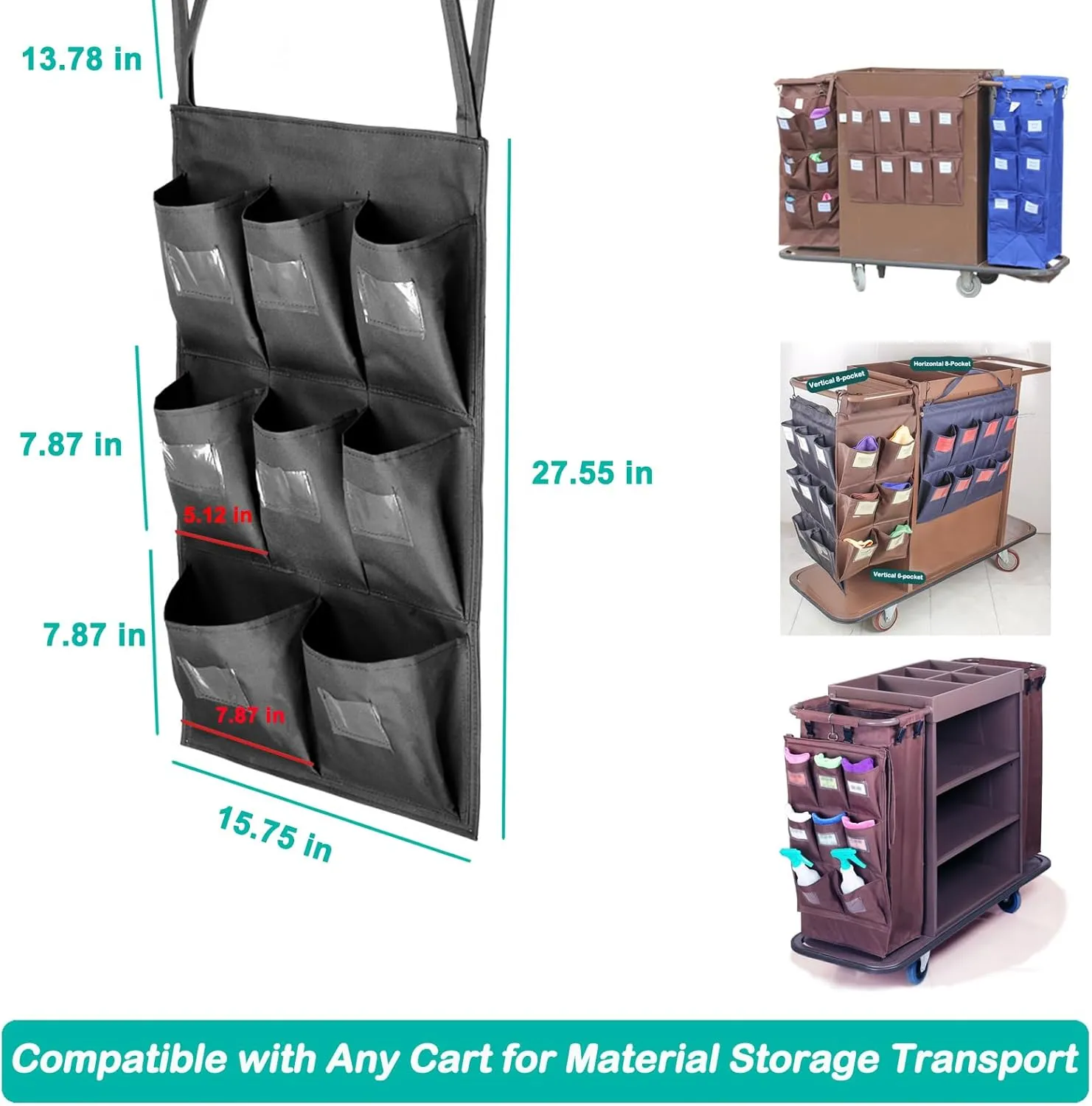 Replacement Janitorial Bag, Waterproof Thickened Commercial 8-Pocket Housekeeping Organizer, Fits Any Cart for Material Storage Transport