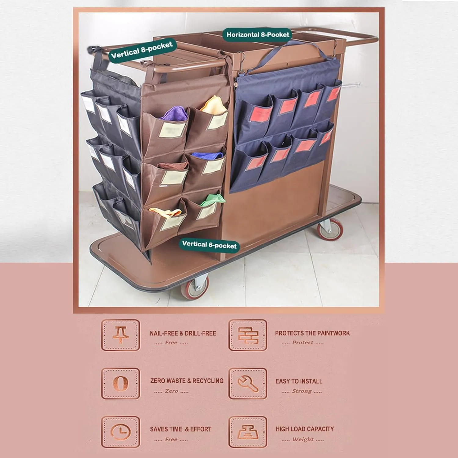 Replacement Janitorial Bag, Waterproof Thickened Commercial 8-Pocket Housekeeping Organizer, Fits Any Cart for Material Storage Transport