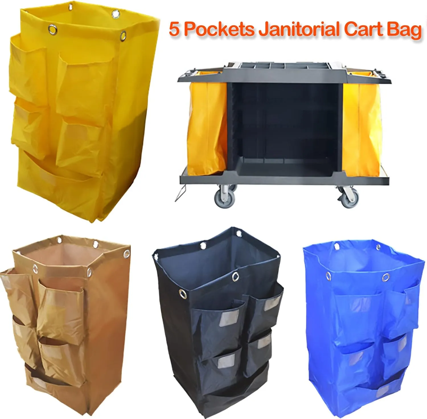 Replacement Janitorial Cart Bag, High Capacity Waterproof Thickened Housekeeping Commercial Janitorial Cleaning Cart Bag with 6 Brass Grommets - 25 Gallon (Black with 5 Pockets)