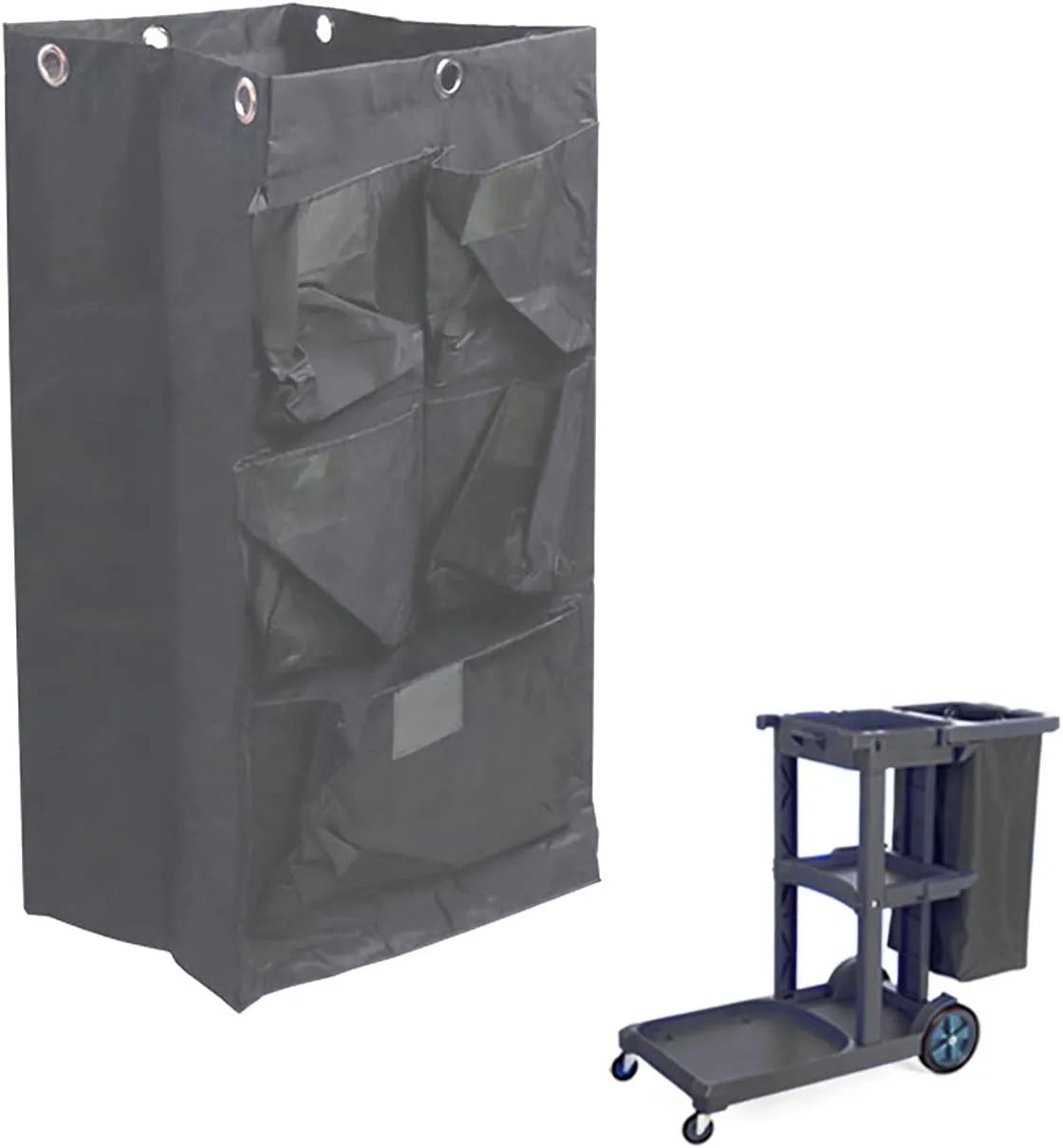 Replacement Janitorial Cart Bag, High Capacity Waterproof Thickened Housekeeping Commercial Janitorial Cleaning Cart Bag with 6 Brass Grommets - 25 Gallon (Black with 5 Pockets)