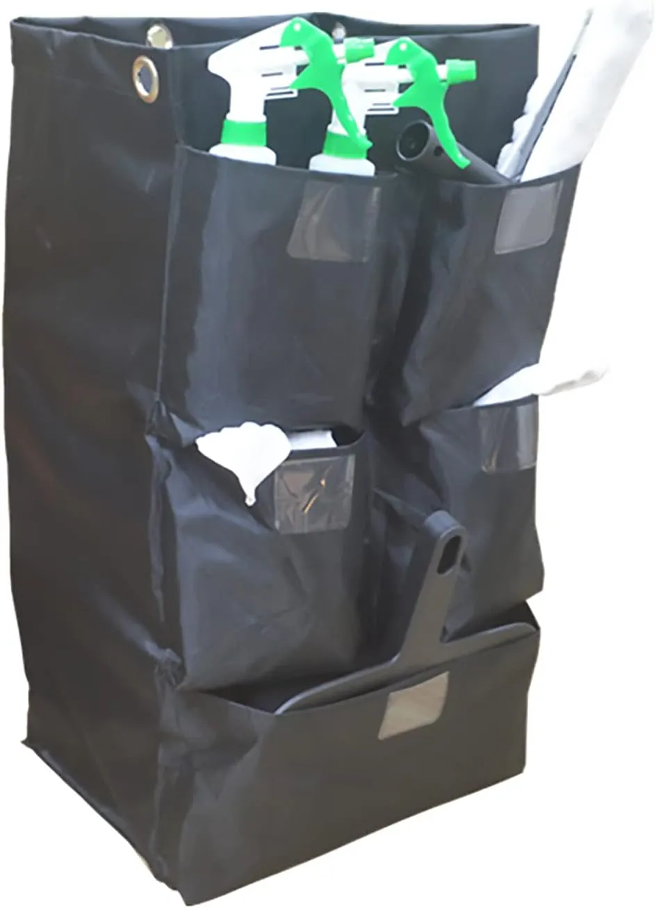 Replacement Janitorial Cart Bag, High Capacity Waterproof Thickened Housekeeping Commercial Janitorial Cleaning Cart Bag with 6 Brass Grommets - 25 Gallon (Black with 5 Pockets)