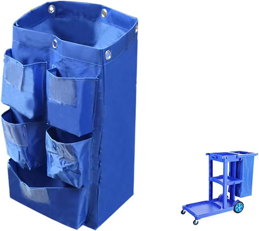 Replacement Janitorial Cart Bag with 5 Pockets,25 Gallon Housekeeping cart Bag High Capacity Waterproof Thickened Commercial Janitorial Cleaning Cart Bag with 6 Brass Grommets (Blue with 5 Pockets)