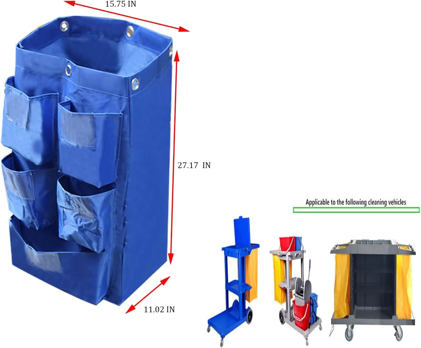 Replacement Janitorial Cart Bag with 5 Pockets,25 Gallon Housekeeping cart Bag High Capacity Waterproof Thickened Commercial Janitorial Cleaning Cart Bag with 6 Brass Grommets (Blue with 5 Pockets)